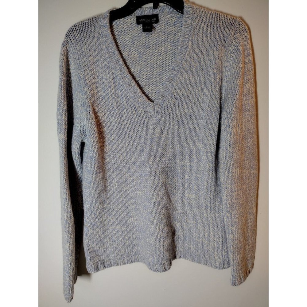 Ann Taylor Factory Vneck Sweater knit Wool Blend Size Large Blue